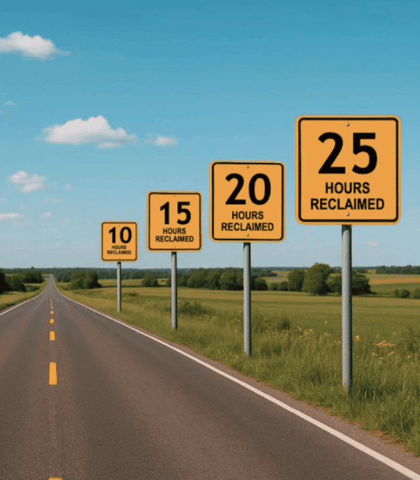 Road with hour signs showing 10, 15, 20, 25 hours reclaimed